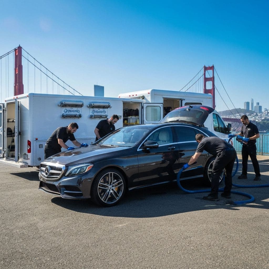 Professional mobile car wash van detailing a luxury vehicle