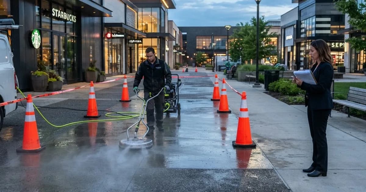Facility manager reviewing a commercial pressure washing scope beside a cleaned concrete walkway