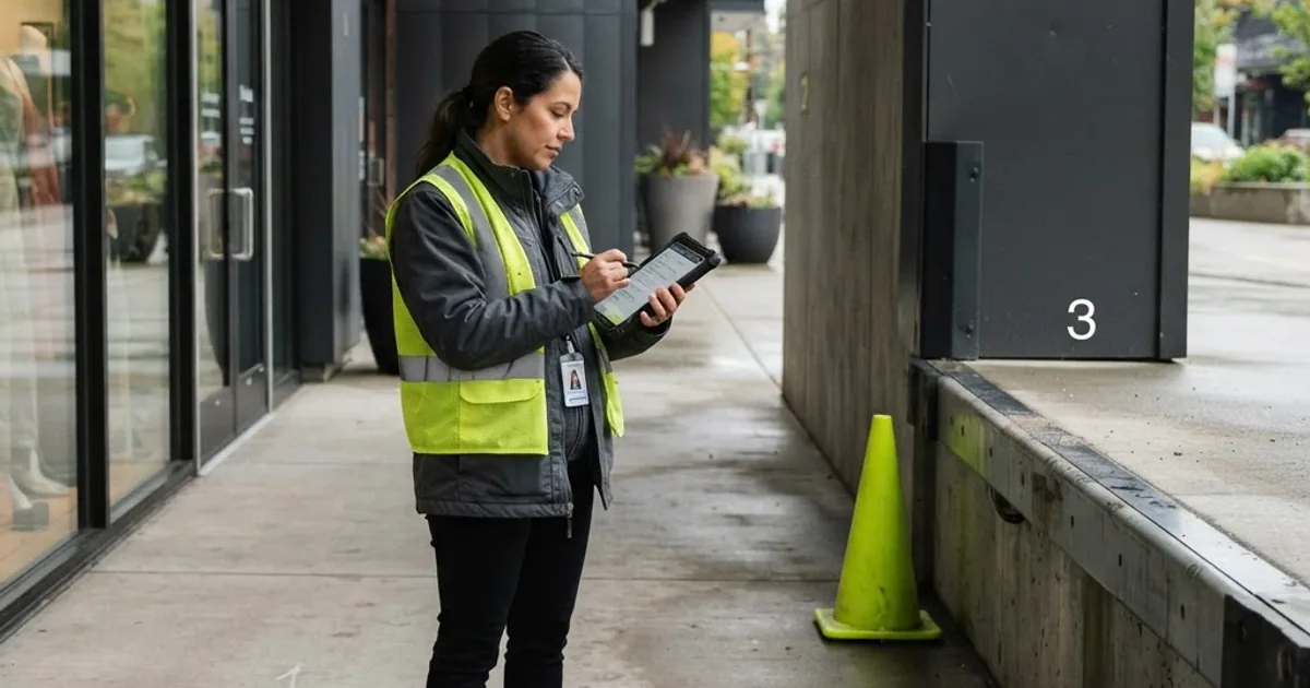 Commercial property manager inspecting storefront pavement and exterior walls for cleaning needs