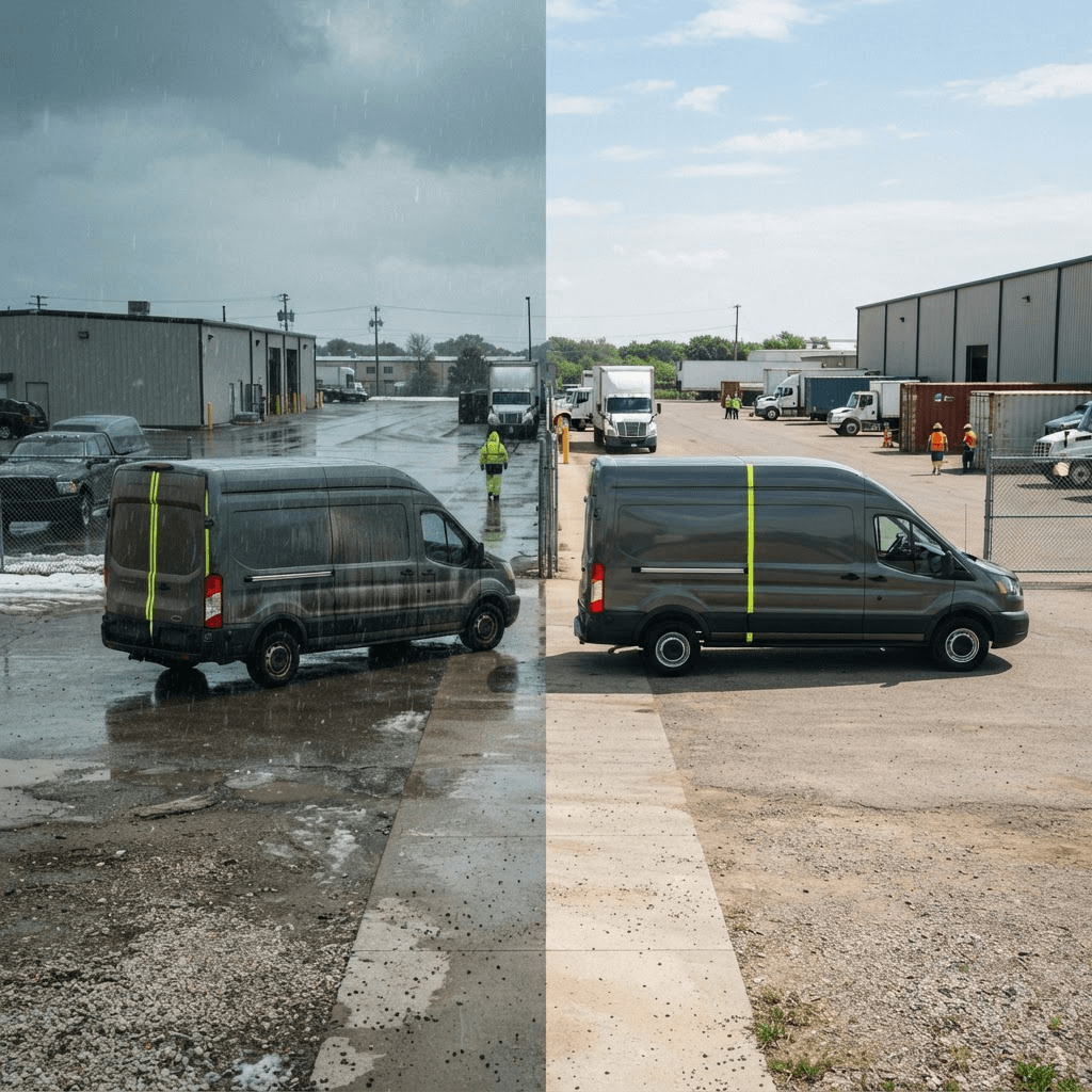 Commercial delivery fleet operating through wet, salty, and dusty seasonal conditions