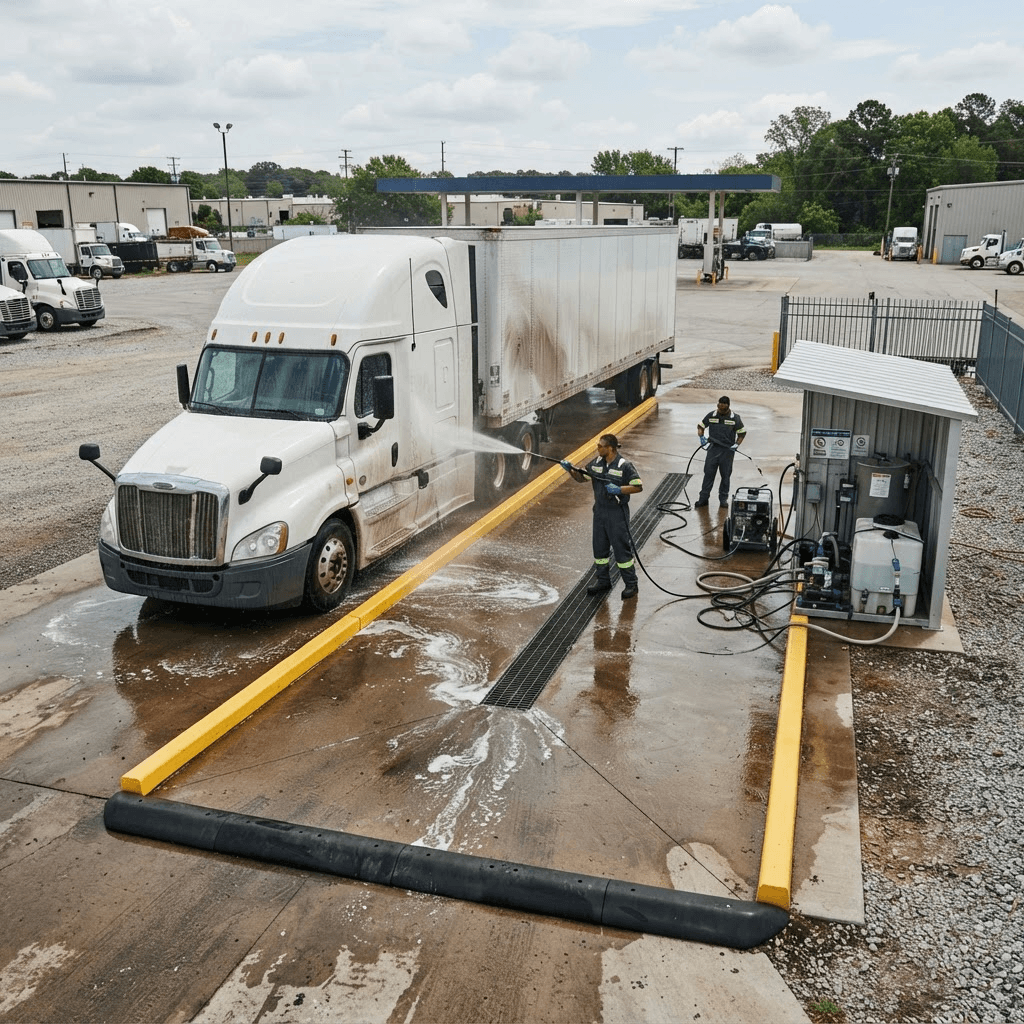 Commercial fleet washing with drain protection and wash water containment equipment
