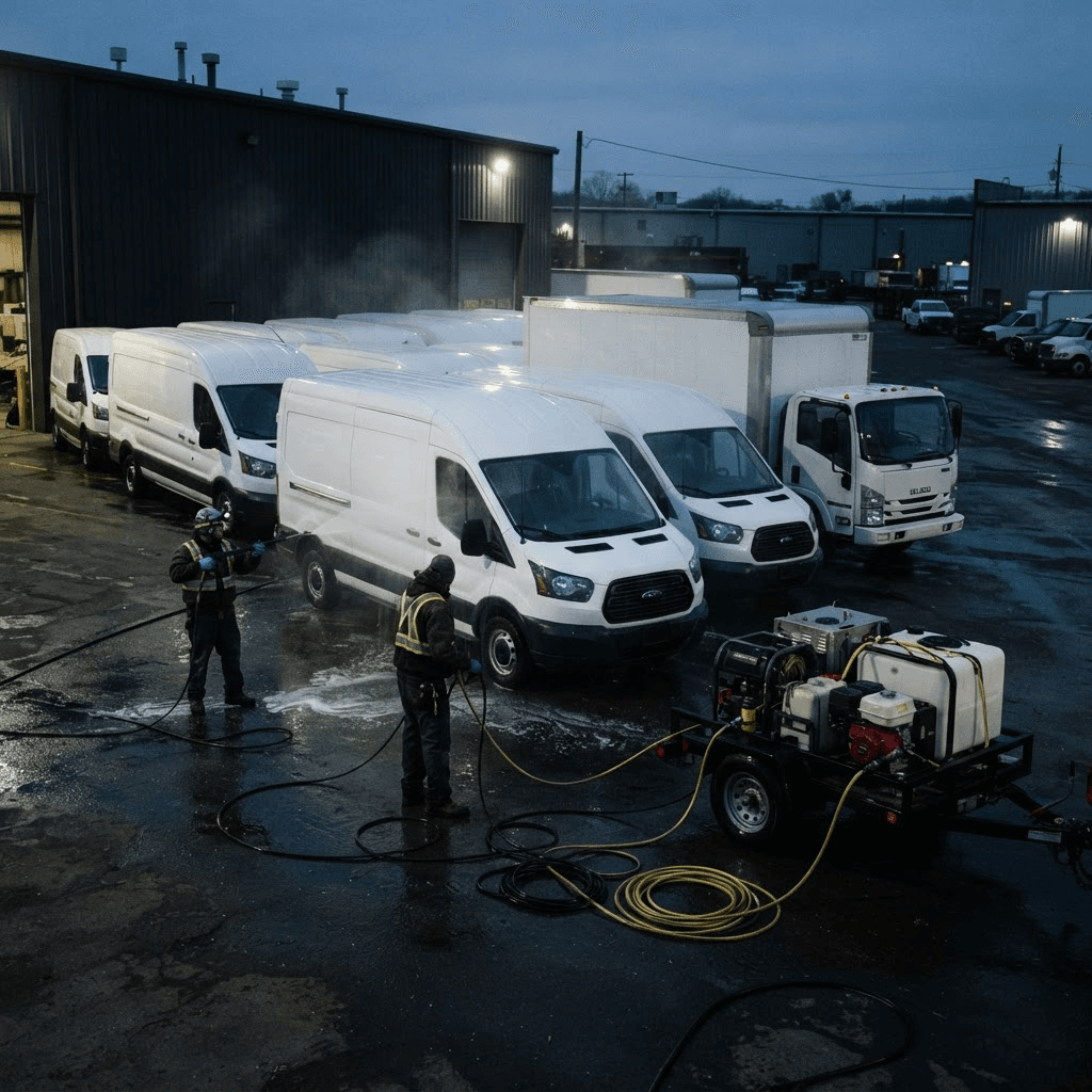 Mobile wash crew cleaning delivery vans and a box truck at a commercial depot