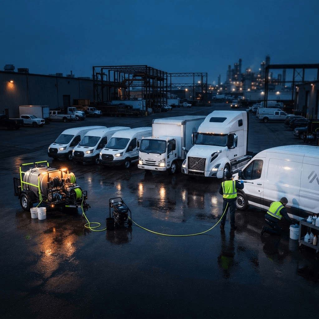 Commercial delivery vans, a box truck and semi tractor prepared for mobile fleet washing