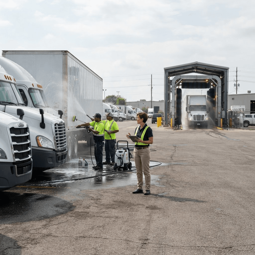 Fleet manager comparing an on-site mobile wash operation with a fixed truck wash facility