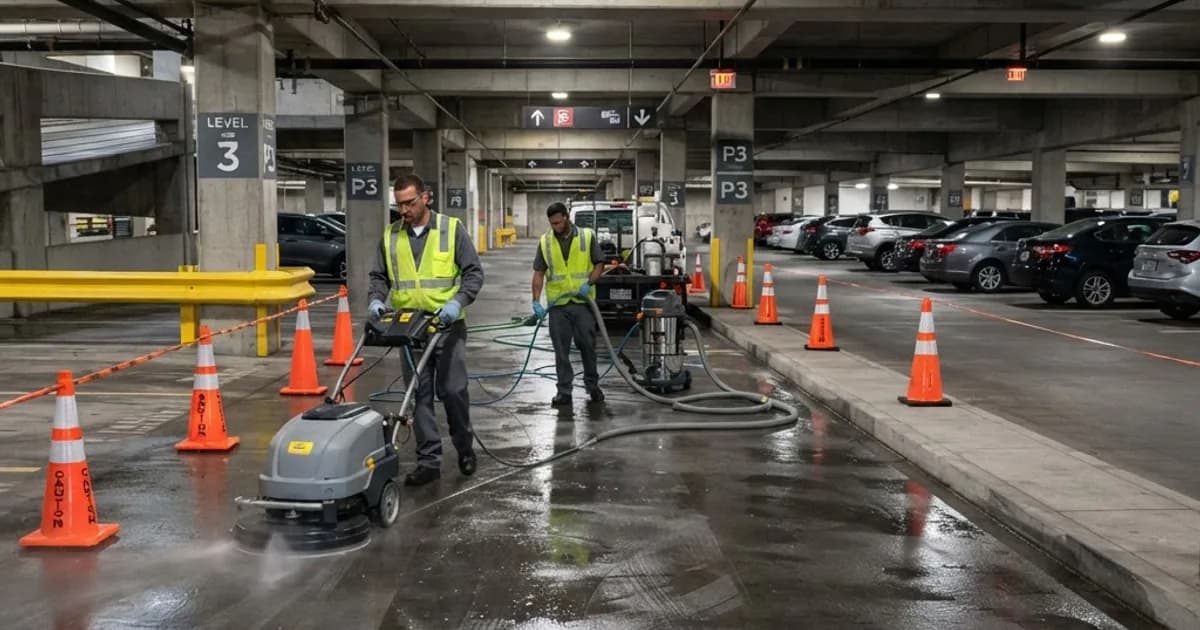Commercial parking garage cleaning operation with surface equipment and controlled work zone