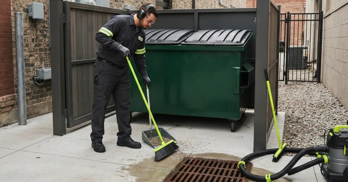 Restaurant service area with a controlled dumpster enclosure cleaning setup and protected drain