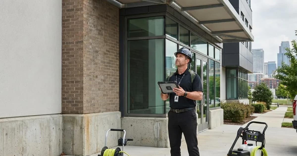Commercial facade specialist evaluating masonry, stucco, metal panels, awnings, and concrete cleaning methods