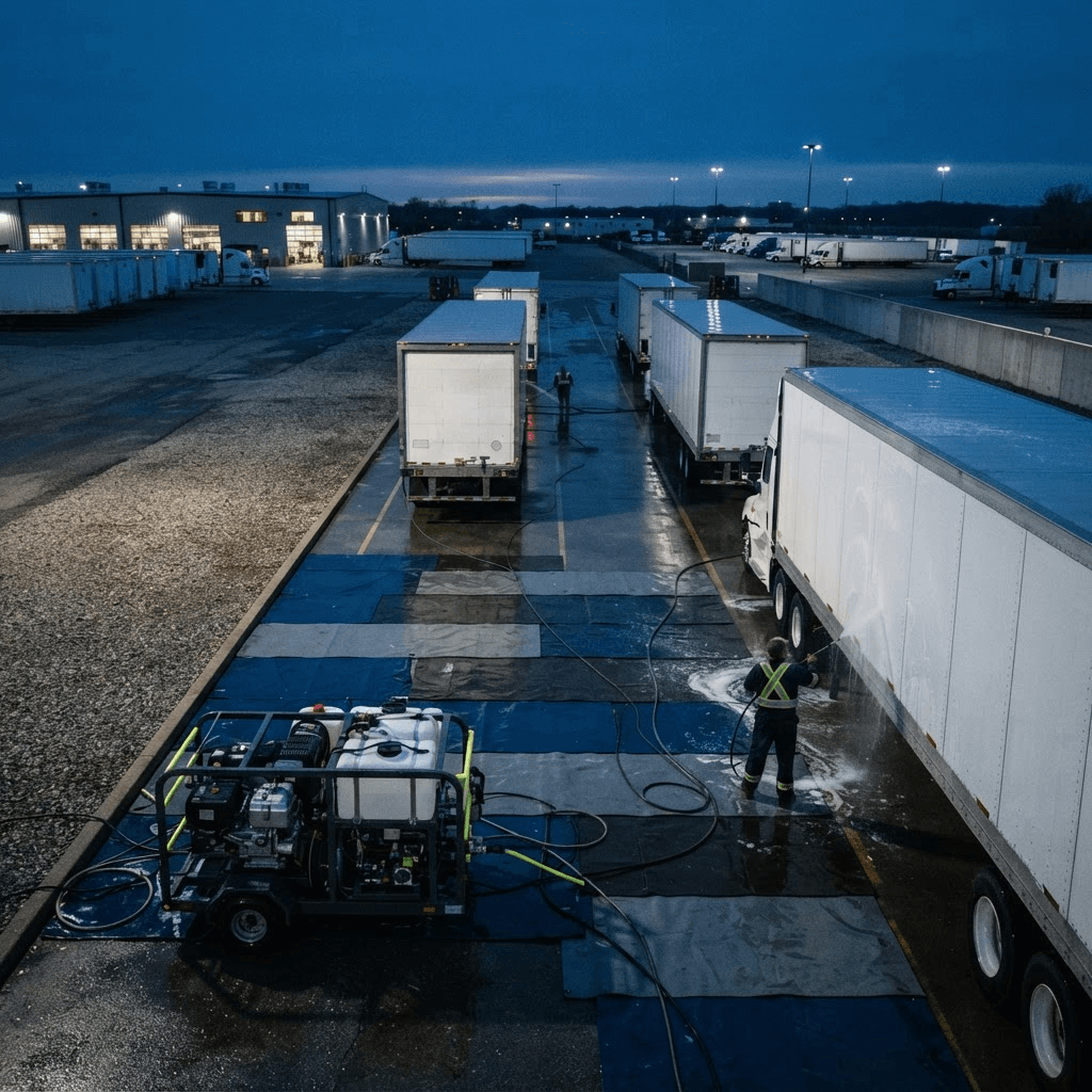 Illustrative visualization of tractor-trailers staged in a commercial mobile fleet-washing service lane