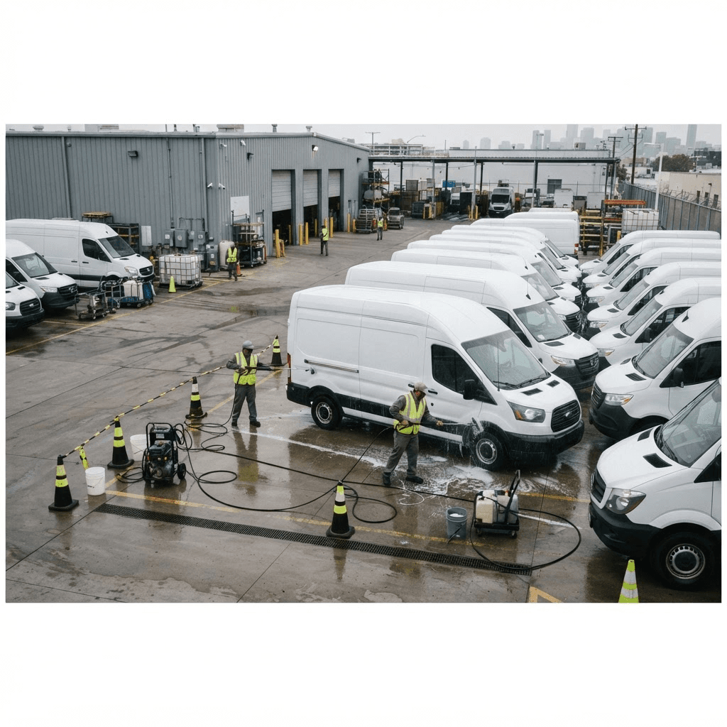 Illustrative visualization of a last-mile delivery van fleet being washed at a depot