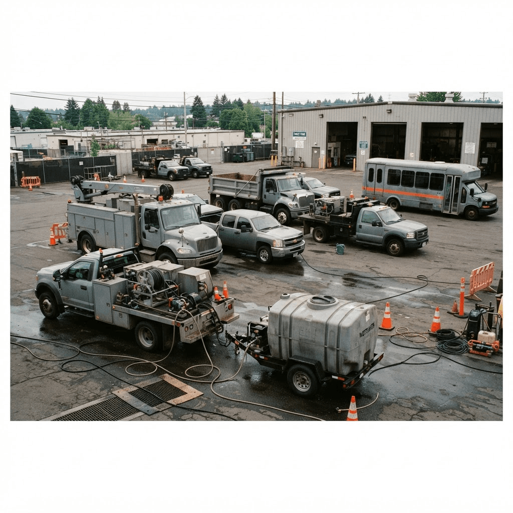 Illustrative visualization of a mixed municipal and utility fleet prepared for washing