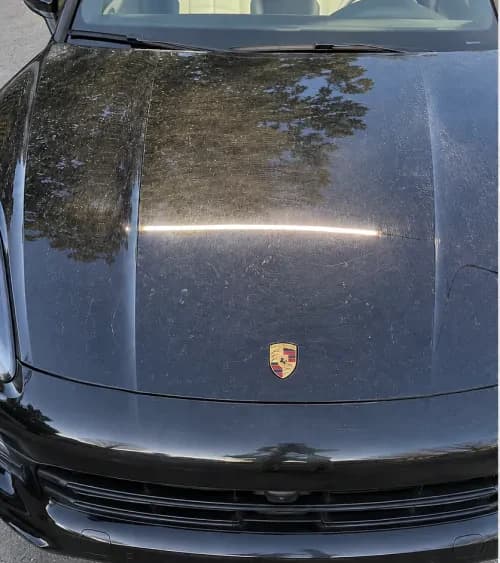 Black Porsche hood with visible swirl marks before paint correction