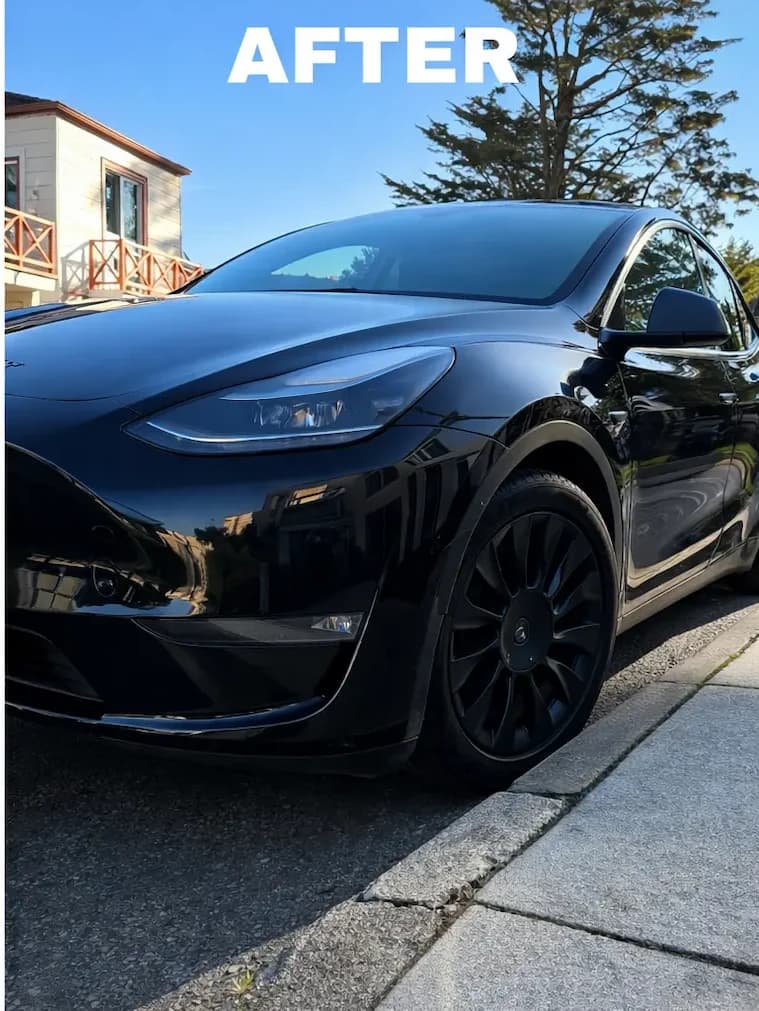 Same black Tesla crossover clean and glossy after exterior detailing