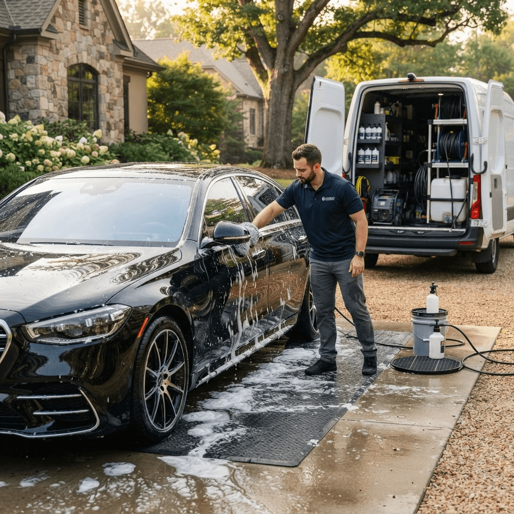 Professional mobile car wash van detailing a luxury vehicle