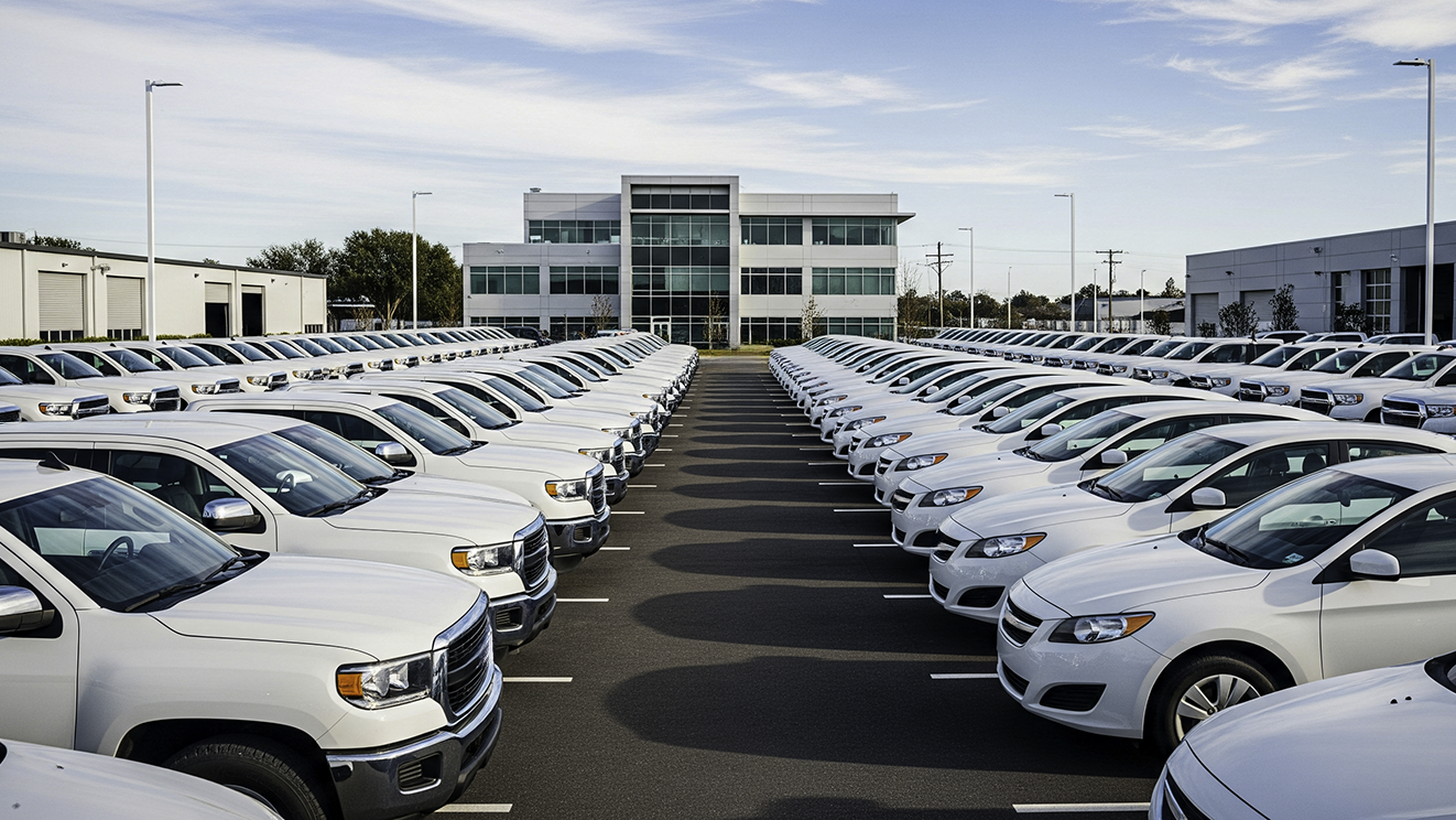 Large commercial fleet lot with rows of passenger cars and pickup trucks