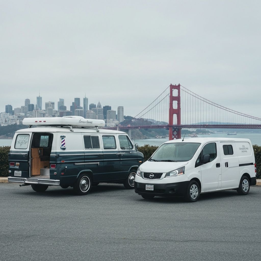 SLYYYDEKUTZ mobile barber van next to SLYYYDE N WASH detailing van in San Francisco
